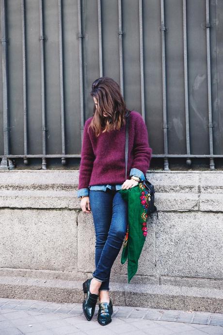 Double Denim! Double_Denim-Loafers-Burgundy_Jumper-Outfit-Vintage_Scarf-Street_Style-