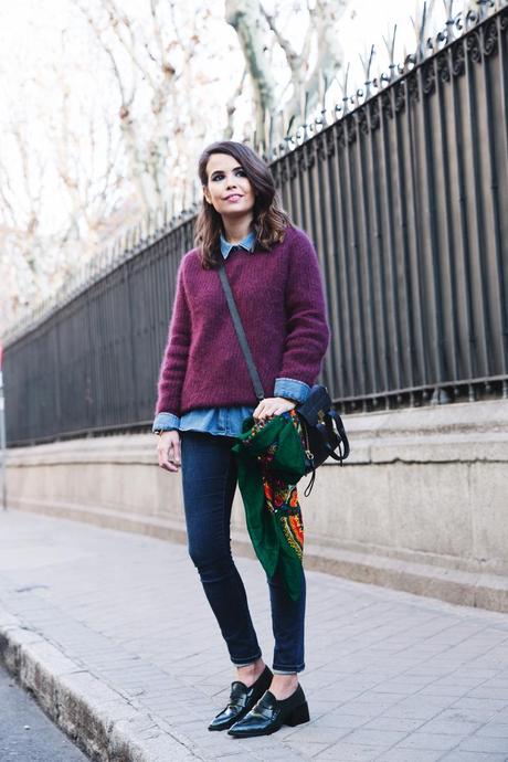 Double Denim! Double_Denim-Loafers-Burgundy_Jumper-Outfit-Vintage_Scarf-Street_Style-10