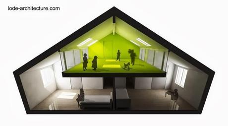 Corte transversal del nivel superior de la casa con el ático Renderizado de proyecto de ático en una casa residencial