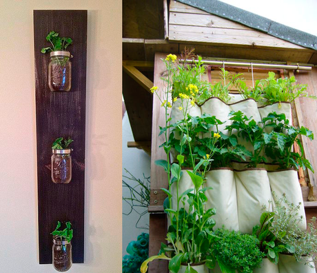 DIY jardín vertical con tabla y botes de vidrio y organizador de tela