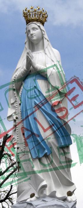 Estatua de la Virgen de Lourdes con sellos sobre la imagen que cuestionan: true or false?