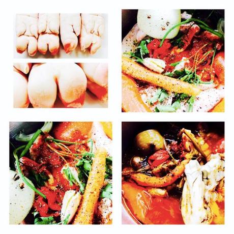 Manitas de cerdo en pastel con verduras y espárragos trigueros en su jugo la foto-1662_Fotor