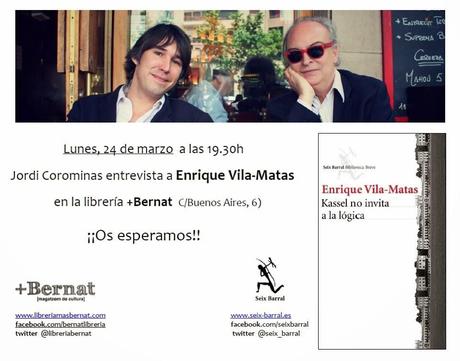Lunes 24 a las 19h30 minutos: Entrevista en directo con Enrique Vila-Matas en la Librería +Bernat