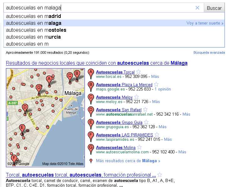 Ejemplo de busqueda 7 pack en Google Places