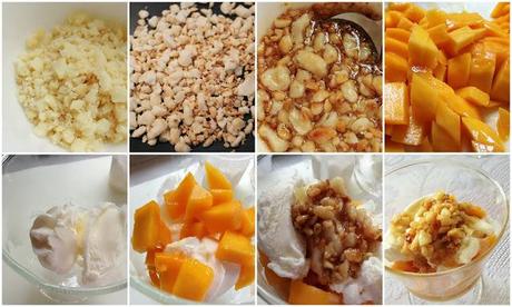 Copas de Yogur Helado, Mangos de Motril y Nueces de Macadamia con Sirope de Arce.