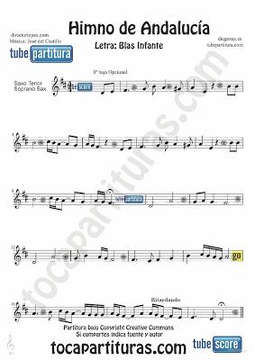 Himno de Andalucía partitura para Saxofón Tenor y Soprano Música de José del Castillo y con la letra de Blas Infante
