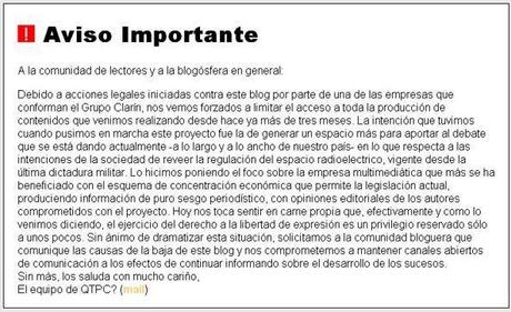 Reparación judicial para ‘Qué Te Pasa Clarín’, cinco años tarde El blog publicó este aviso ante la inminente orden de clausura.