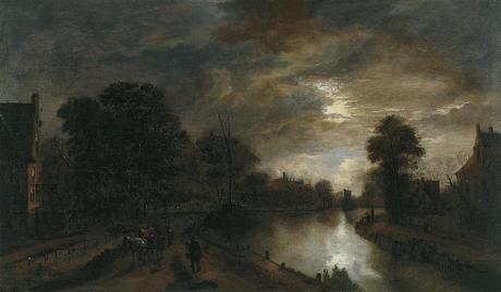 “Claro de luna con un camino bordeando un canal” de Van der Neer (1645-1650). © Museo Thyssen-Bornemisza.