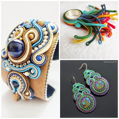 Brazalete, pendientes y anillo soutache