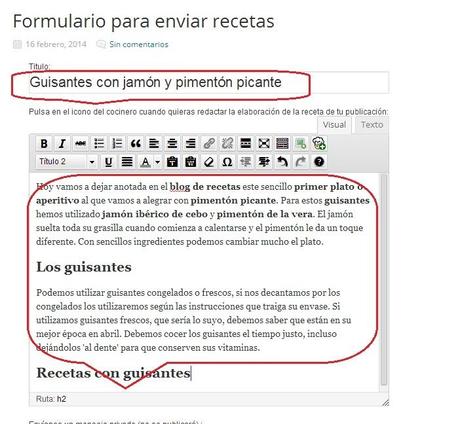 Publicar recetas en el blog formulario para enviar recetas