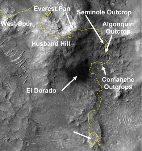 Esta imagen es un localizador del afloramiento Comanche en las colinas Columbia del cráter Gusev, en Marte. La línea amarilla marca el recorrido del rover Spirit.  Imágenes panorámicas Pancam fueron tomadas cerca de la verdadera cima  de Husband Hill (Everest Pan) y también en el lugar del afloramiento de Seminole.  El ancho de la imagen es de alrededor 1000m.  Imagen cortesía de la NASA/UA/ HiRISE 