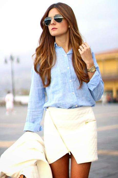 White, blue and camel