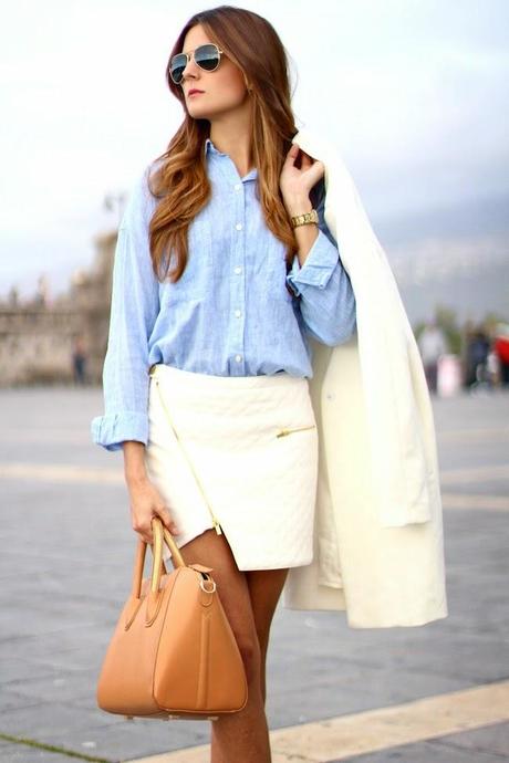 White, blue and camel