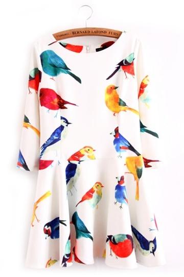Multi-color Birds Print Slim Dress