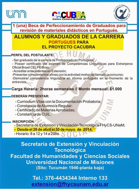 Beca de Extensión del Proyecto CACUBRA para GRADUADOS. Misiones.