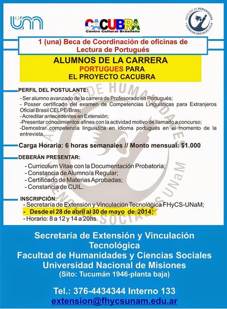 Beca de Extensión del Proyecto CACUBRA para GRADUADOS. Misiones.