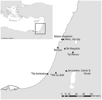 Mapa con la localización de los yacimientos filisteos del estudio