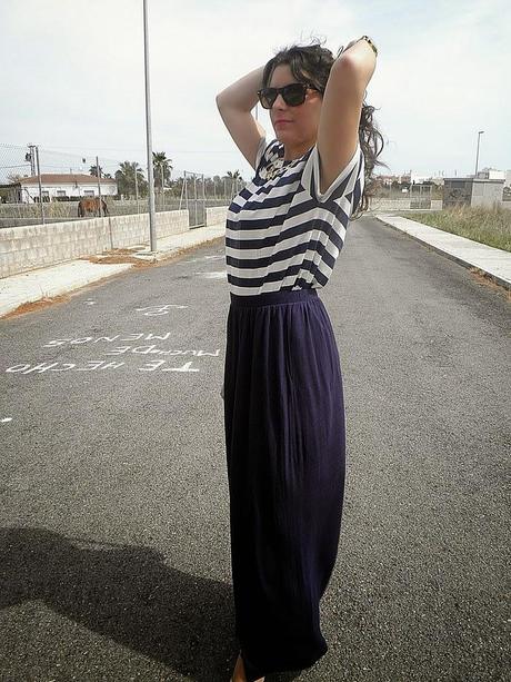 falda larga, skirt, blue, navy, rayas, azul