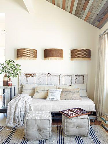 Smoot fashioned the frame of the daybed using a $25 flea-market door and pallets. The pillowcases? Old grain sacks, natch.