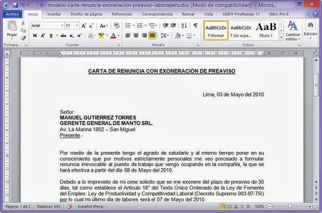 Descarga el modelo de carta de renuncia con exoneración de plazo (archivo word)