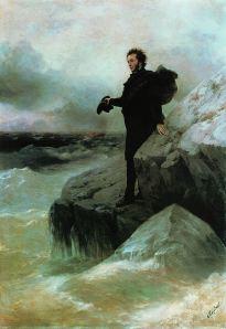 Pushkin, el amante de la amante de Chiriboga, observando las turbulentas y poéticas aguas del lago artificial del parque de La Alameda. 