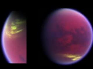 Imagen en falso color de las nubes desapareciendo en el polo norte de Titán, mientras que otras aparecen en las latitudes medias del sur