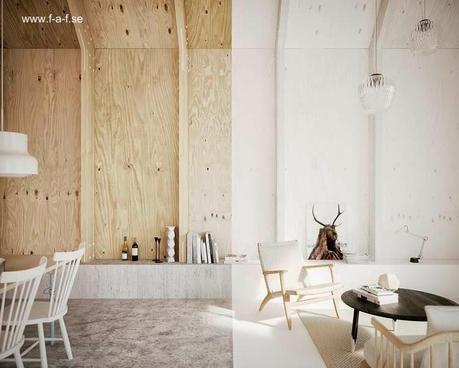 Otra vista interior de la casa moderna sueca en el primer volumen de uso social