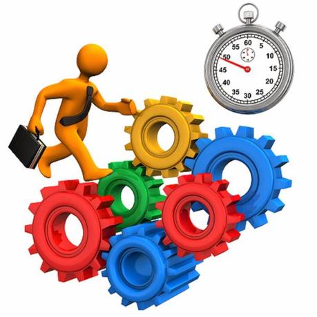 El trabajo como problema de análisis sociológico – existencial Orange toon with colorful gears and stopwatch.