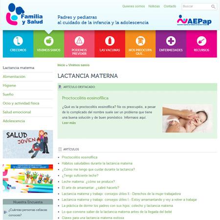 Captura de la sección de lactancia materna de la web para familias de la Asociación Española de Pediatría de Atención Primaria (AEPap)
