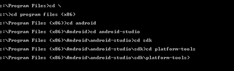 Trucos avanzados para el reloj inteligente smartq-z1 Screen dump showing how to cd to Andriod studio bin directory step by step