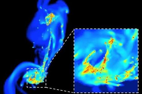 Las Colisiones Galácticas resultan en Estallidos de Formación Estelar Esta imagen es una instantánea de la simulación de la colisión entre dos galaxias Antennae. Las estrellas se forman en las regiones más densas (amarillo y rojo) debido a los efectos de compresión turbulenta. Crédito: F. Renaud/ CEA – Sap
