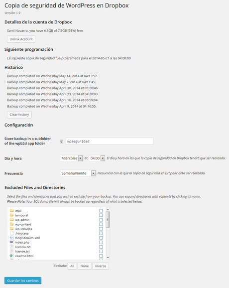 Backend WordPress to Dropbox plugin panel-backup-wordpress-dropbox