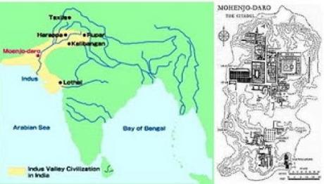 A la izquierda ubicaci��n geogr��fica tanto de la ciudad de Mohenjo-daro, como de la cultura del Valle del Indo. A la derecha plano arqueol��gico del emplazamiento