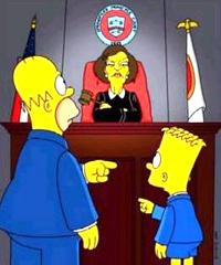 Abogados y detectives privados Abogados y detectives. Homer y Bart Simpson acusandose mutuamente delante de una juez