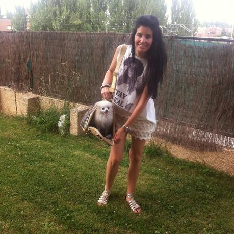 Moda Camiseta Primark, Shorts Encaje y Bolso Perro Moda Camiseta Primark, Shorts Encaje y Bolso Perro