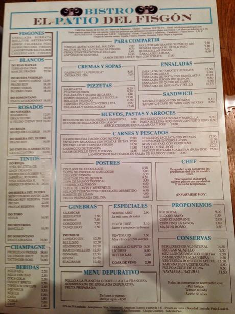 carta el patio del fisgon restaurante Madrid carta el patio del fisgon restaurante Madrid