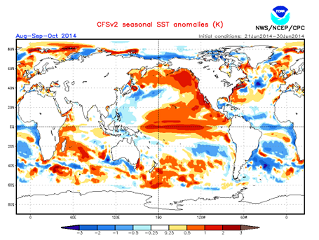 Actuales condiciones oceánicas sugieren una desaceleración en el desarrollo de la fase inicial del fenómeno El Niño Pronóstico estacional de temperatura superficial del mar (°C). Fuente NOAA-NCEP