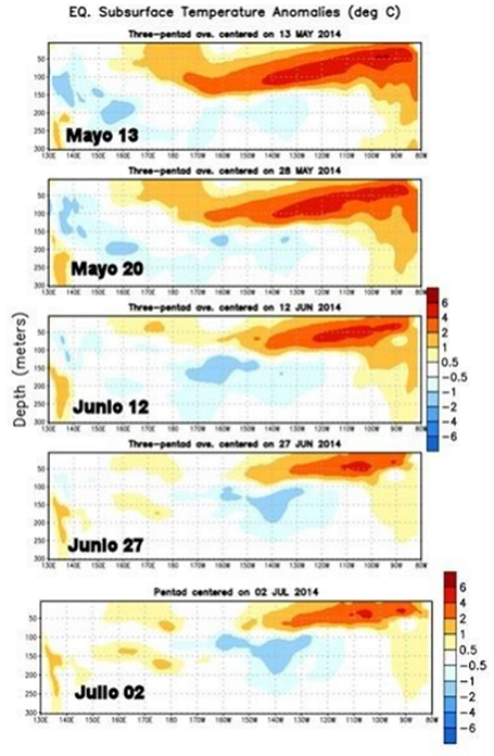 Actuales condiciones oceánicas sugieren una desaceleración en el desarrollo de la fase inicial del fenómeno El Niño Anomalía de la estructura térmica subsuperficial en °C. Fuente NOAA-NCEP