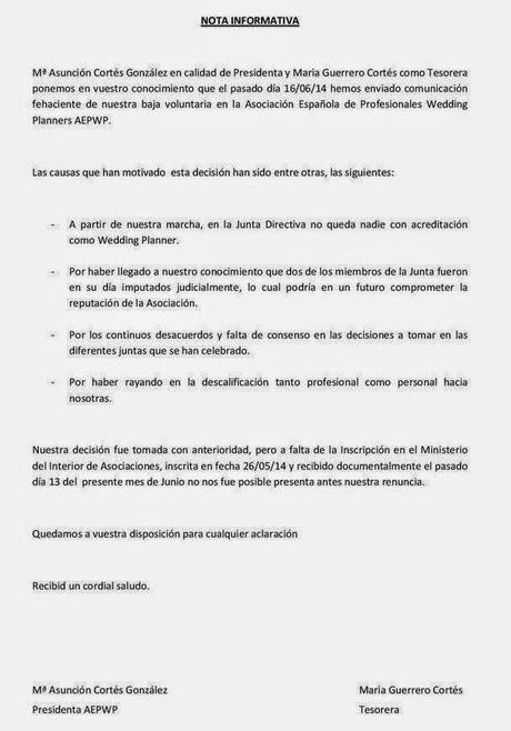 La Asociación Española Profesional de Wedding Planners (AEPWP) 2 parte: lo que mal empieza, mal acaba...