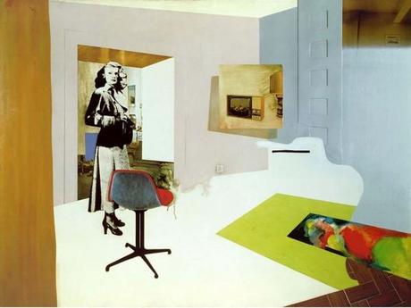 Richard Hamilton, Interior II, 1964, óleo, celulosa, collage y relieve de metal sobre tabla, 122 x 162,5 cm. Adquirido por la Tate en 1967. Cortesía: MNCARS