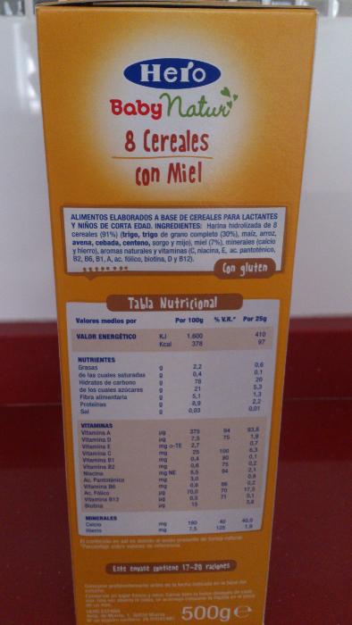 tabla nutricional hero baby natur 8 cereales con miel