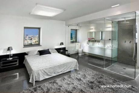 Dormitorio con sector de baño definido por muros de cristal