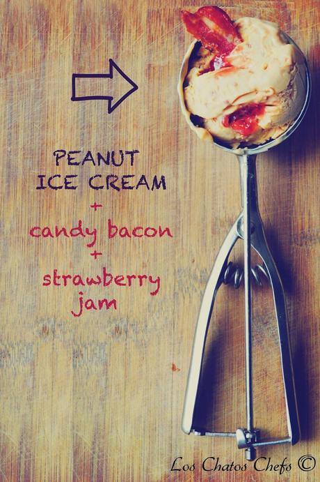 Helado de crema de cacahuete con bacon caramelizado y mermelada de fresa Helado de crema de cacahuete con bacon caramelizado y mermelada de fresa