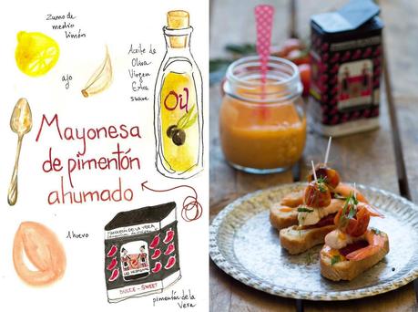 Pinchos de gambas y chorizo con mayonesa de pimentón ahumado