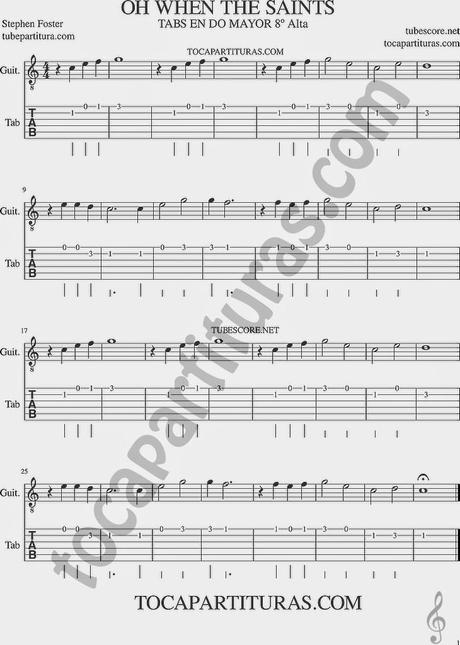 Tablatura de Guitarra de Oh When the Saints Go Marching In Punteo de Guitarra de Cuando los Santos Vienen Marchando tabs sheet music DO MAYOR 8º ALTA / C MAJOR