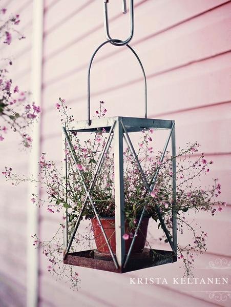 Great idea for the lantern with the broken glass: potted plant in a hanging lantern