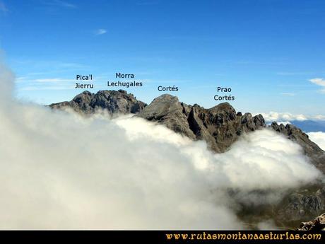 Ruta Vegas del Toro, Canal del Vidrio, Peña Vieja, Urriellu: Vista de la Pica del Jierru, Morra de Lechugales, Cortés y Prau Cortés