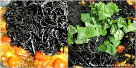 Tagliatelle al nero di seppia, con tomates Cherry y mejillones en escabeche