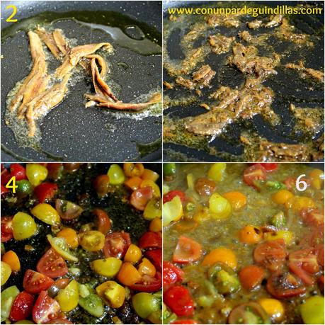 Tagliatelle al nero di seppia, con tomates Cherry y mejillones en escabeche