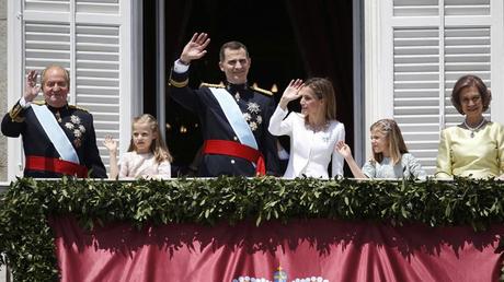 Spain's new King Felipe VI his wife Queen Letizia Princess Sofia Princess Leonor King Juan Carlos and Queen Sofia appear on the balcony of the Royal Palace in Madrid